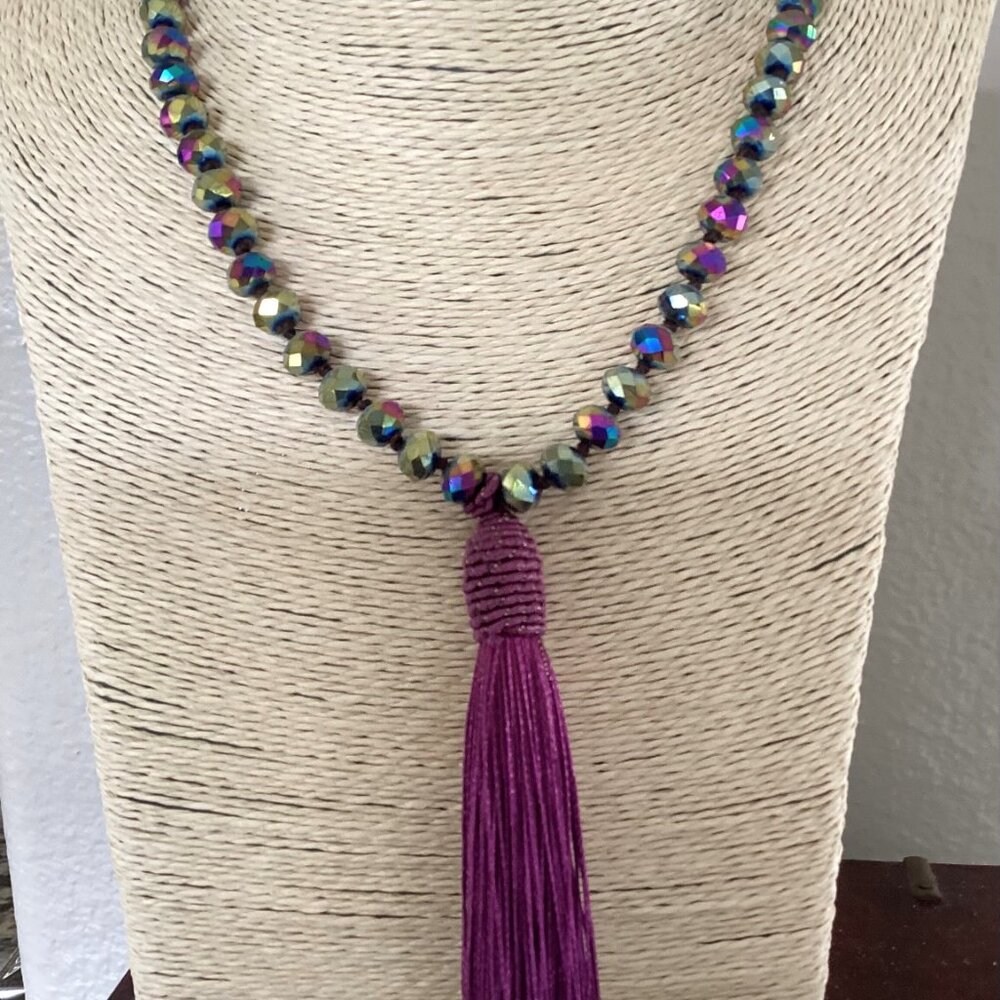 Iridescent Multicolored Beaded Necklace with Purple Tassel (19")